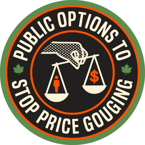 Circular campaign badge reading 'Public Options to Stop Price Gouging' with a scale showing a person outweighing a dollar sign